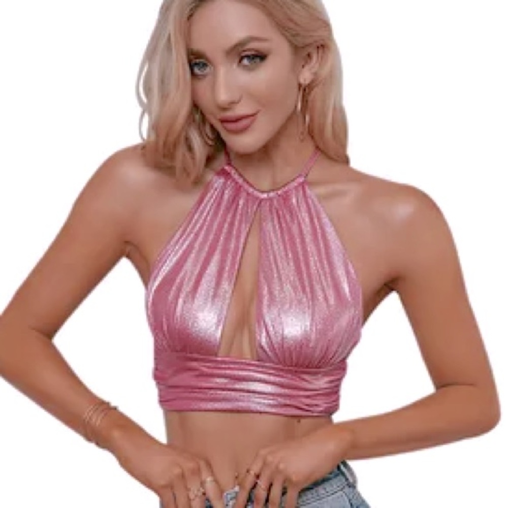 Double Crazy Cropped Halter Pink Metallic Top
